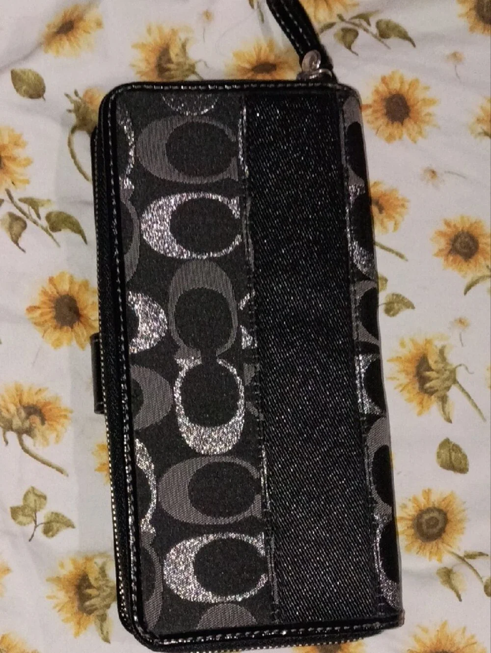 Coach Black and Silver Signature Continental Wallet